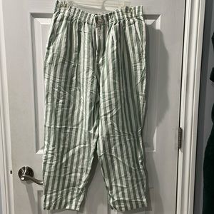 Madewell green and white stripe linen pant